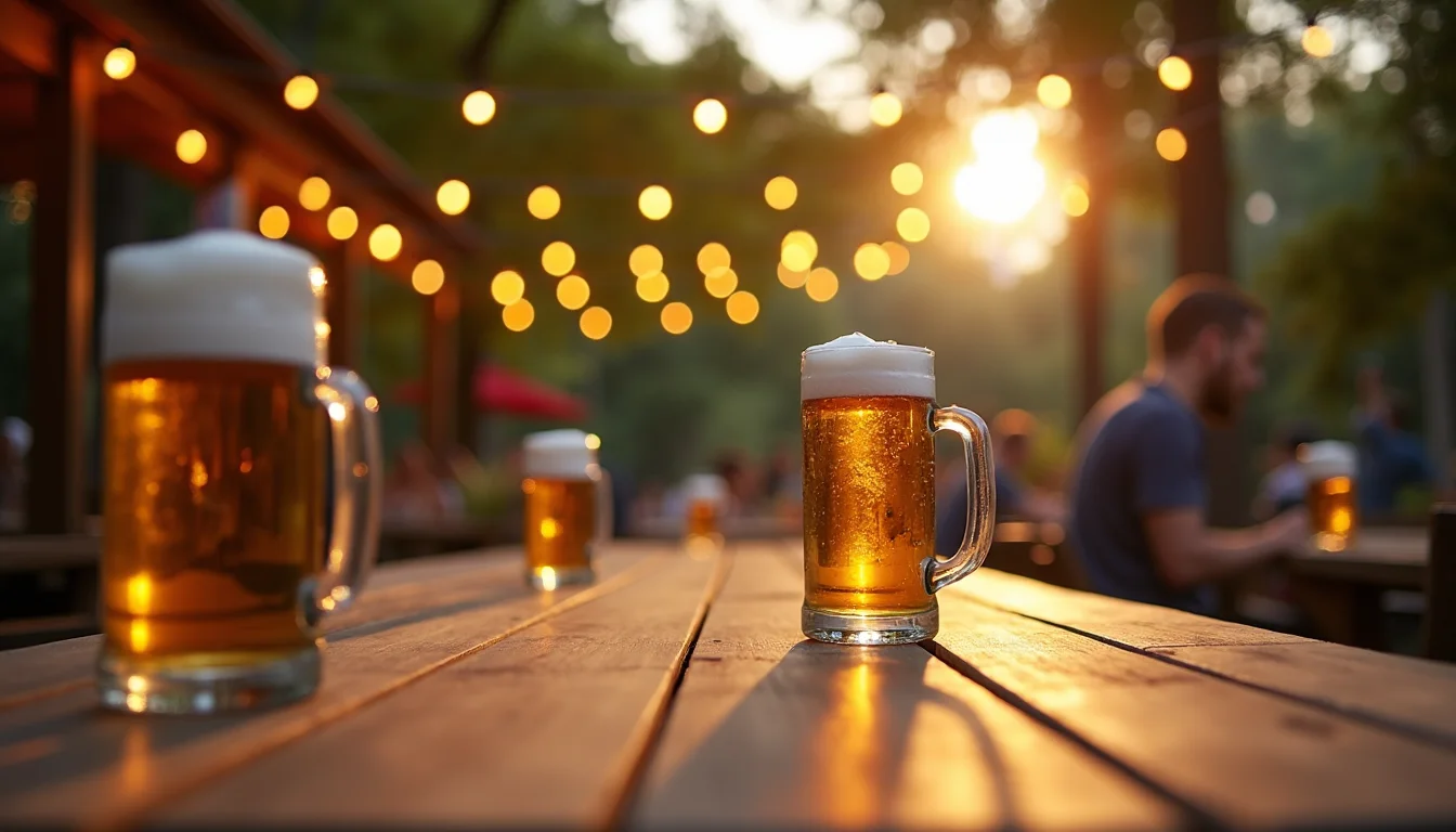 table de terrasse à bière, chopes vides et guirlandes dorées a Montpellier