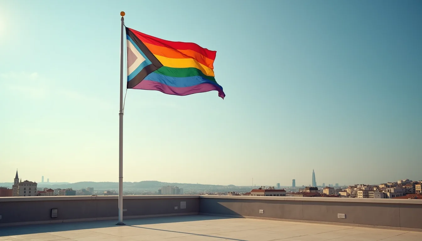 grand drapeau arc-en-ciel flottant sur un toit dans le ciel matinal a Montpellier