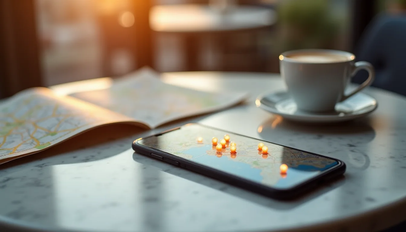 smartphone aux épingles de carte sur une table de café ensoleillée a Montpellier