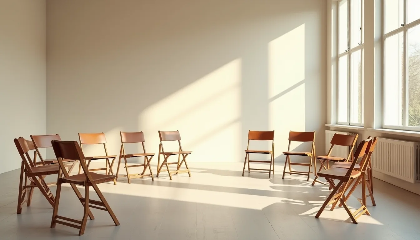 cercle de chaises pliantes vides dans une salle lumineuse au matin a Montpellier