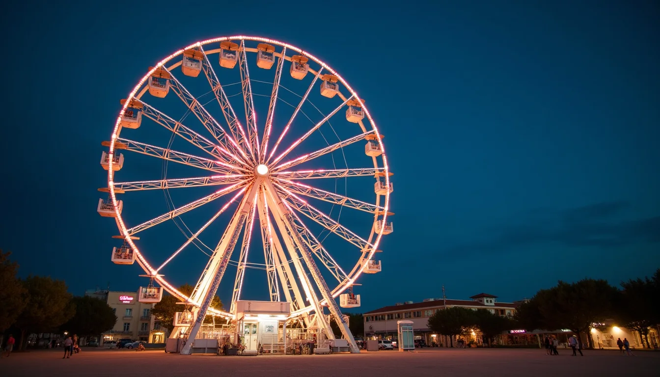 grande roue illuminée contre un ciel nocturne bleu profond a Montpellier