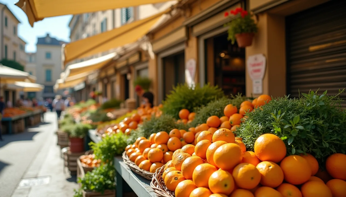 etal de marche couvert d agrumes et d herbes, soleil de midi a Montpellier