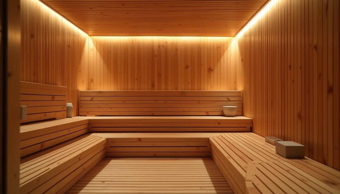intérieur de sauna en cèdre, bancs de bois lisse et louche sur poêle de pierre a Montpellier