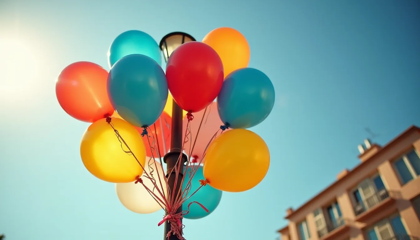grappe de ballons arc-en-ciel attaches a un lampadaire au soleil a Montpellier