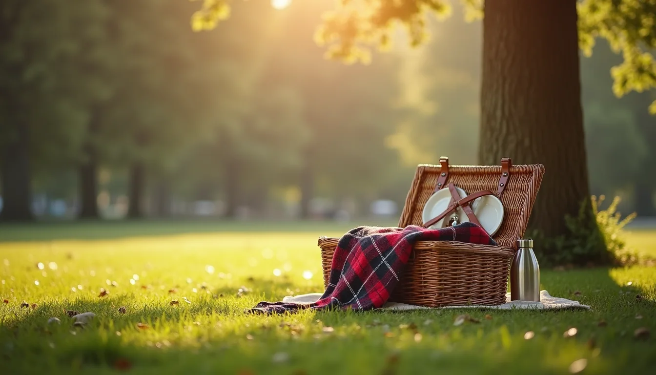 panier de pique-nique en osier et plaid sur l herbe d un parc a Montpellier
