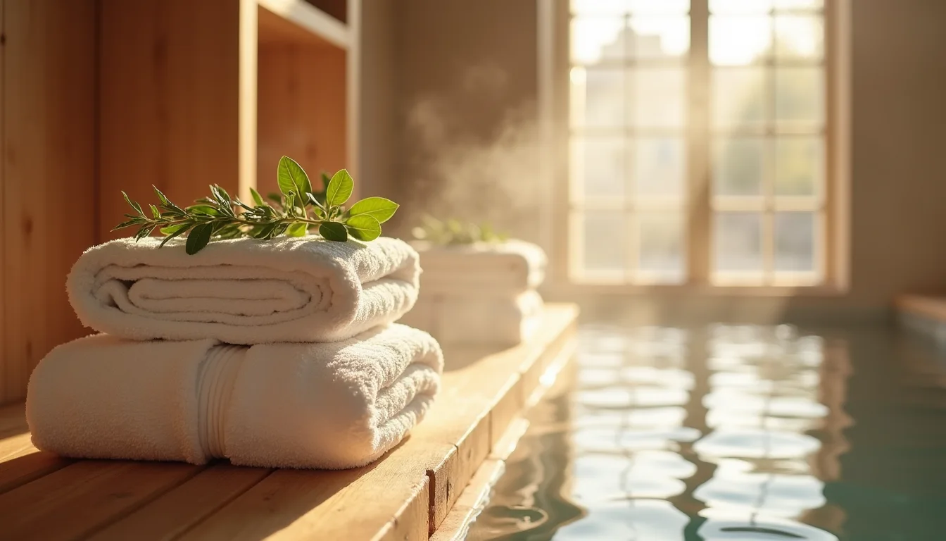 serviettes de spa empilées, eucalyptus et peignoirs sur cèdre a Montpellier