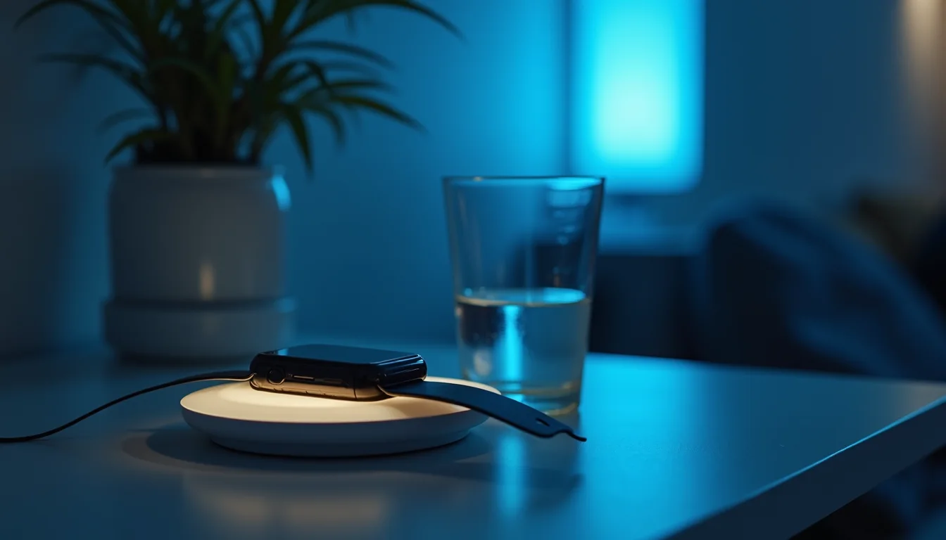 montre connectée sur son socle de charge près d'un verre d'eau, lumière bleutée a Montpellier