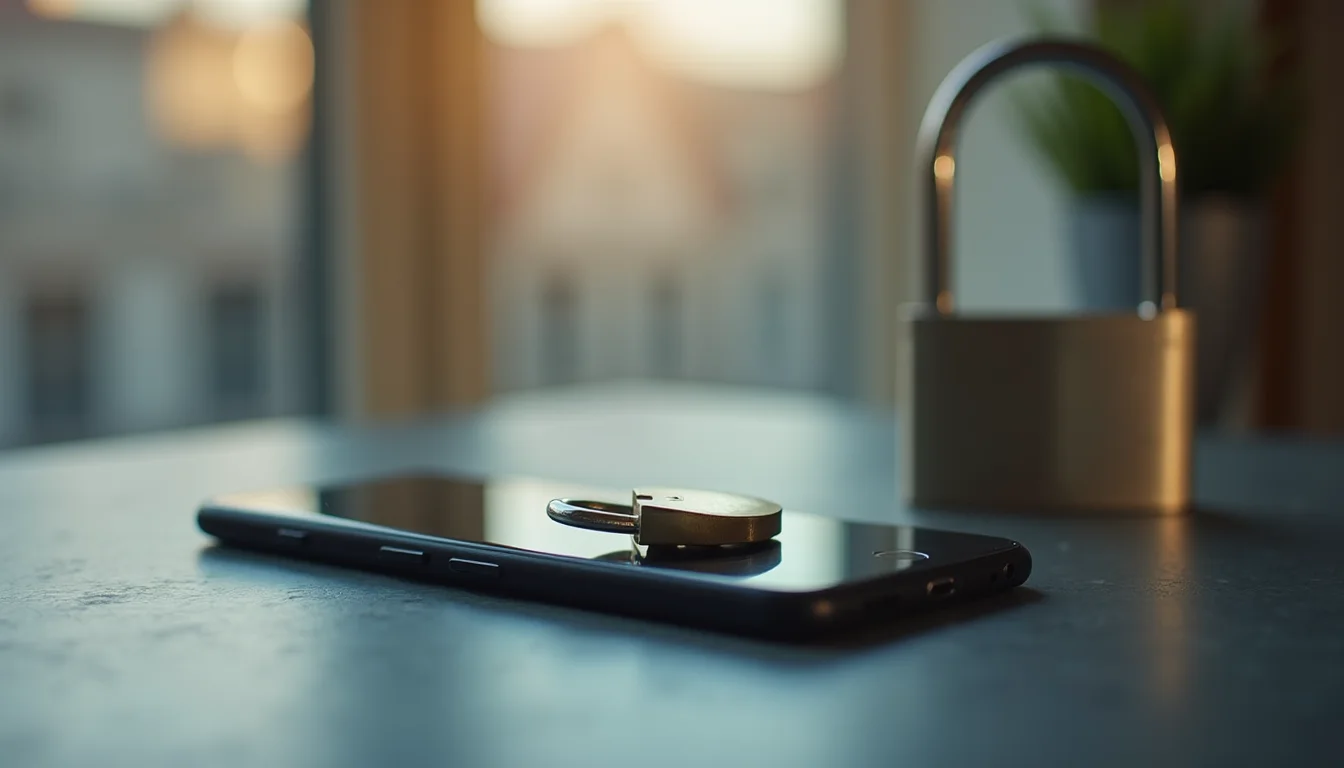 cadenas en acier brossé fermé sur un smartphone face cachée sur ardoise a Montpellier