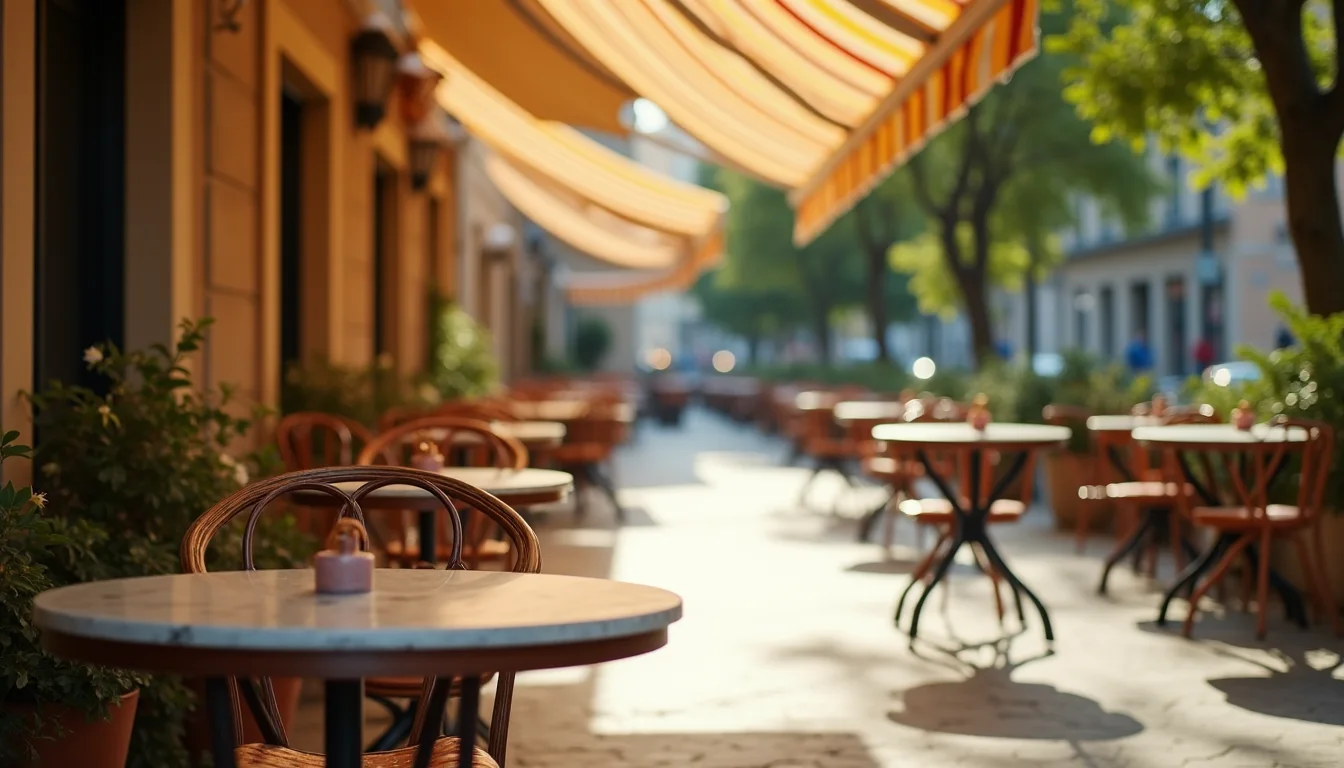 terrasse de cafe aux chaises bistrot depareillees, soleil tamise a Montpellier