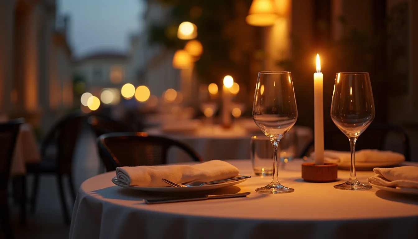 table de dîner aux chandelles dressée pour deux, lumière chaude du soir a Montpellier