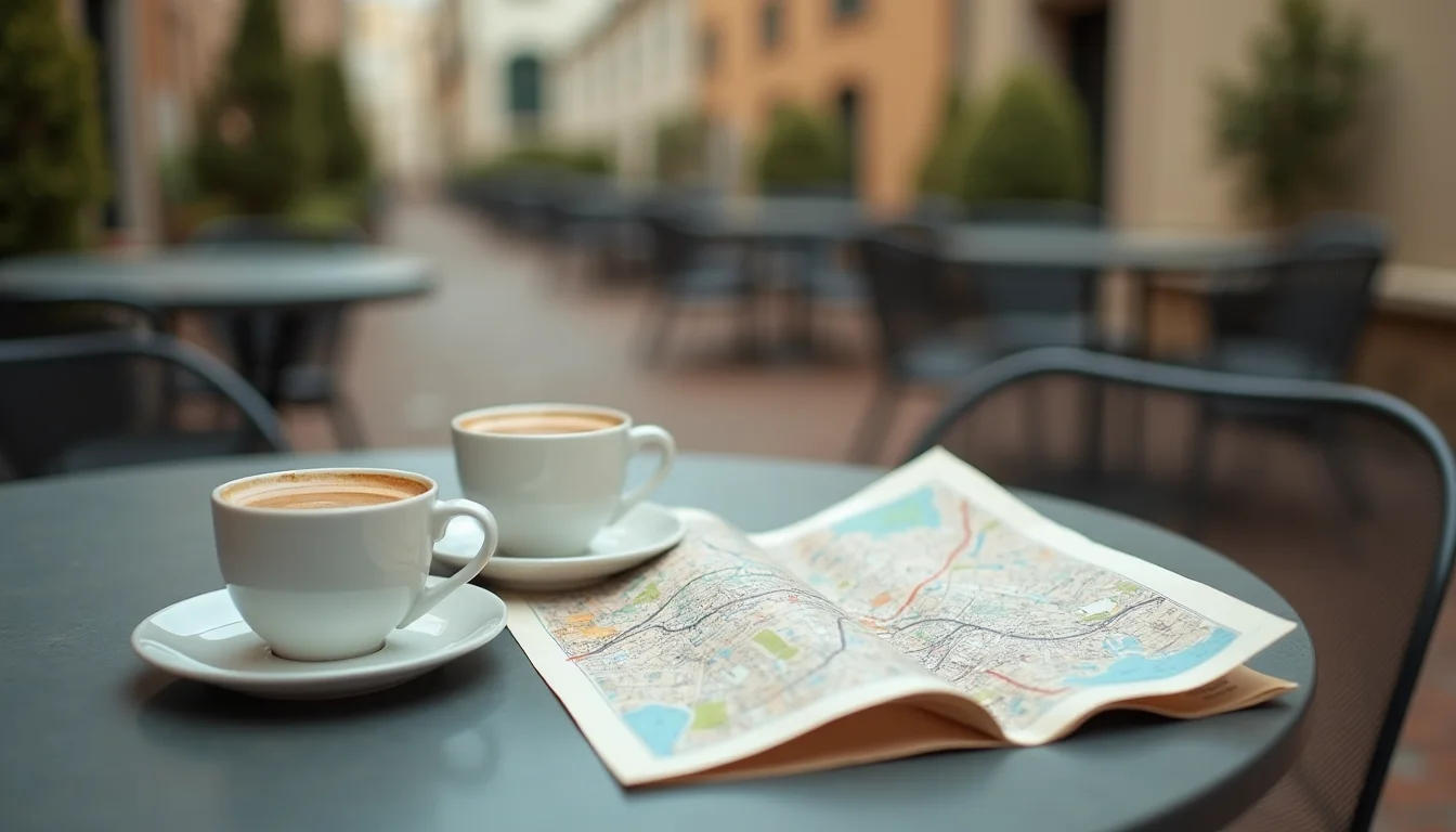 deux espressos sur une terrasse tranquille à côté d'un plan plié, lumière douce a Montpellier