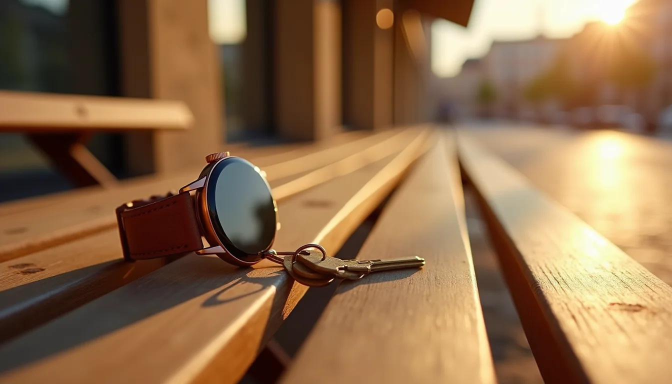 montre connectée or rose et porte-clés laiton sur bois au soleil a Montpellier