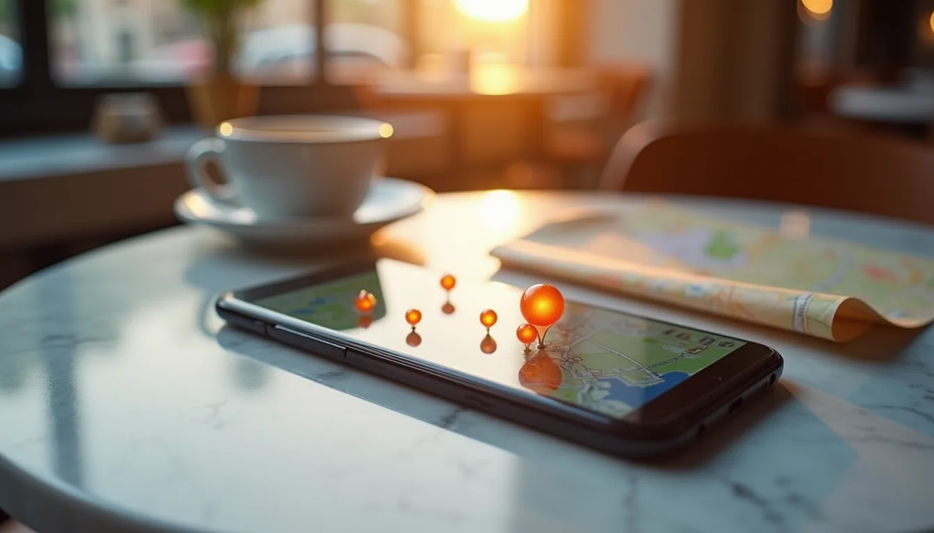 smartphone aux épingles de carte sur une table de café ensoleillée a Montpellier