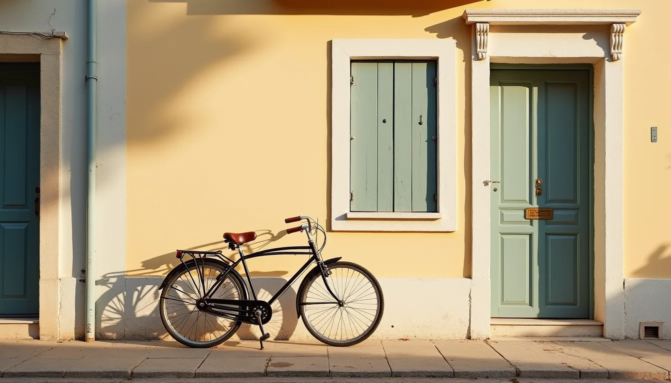 deux vélos vintage appuyés ensemble contre un mur de maison pastel a Montpellier