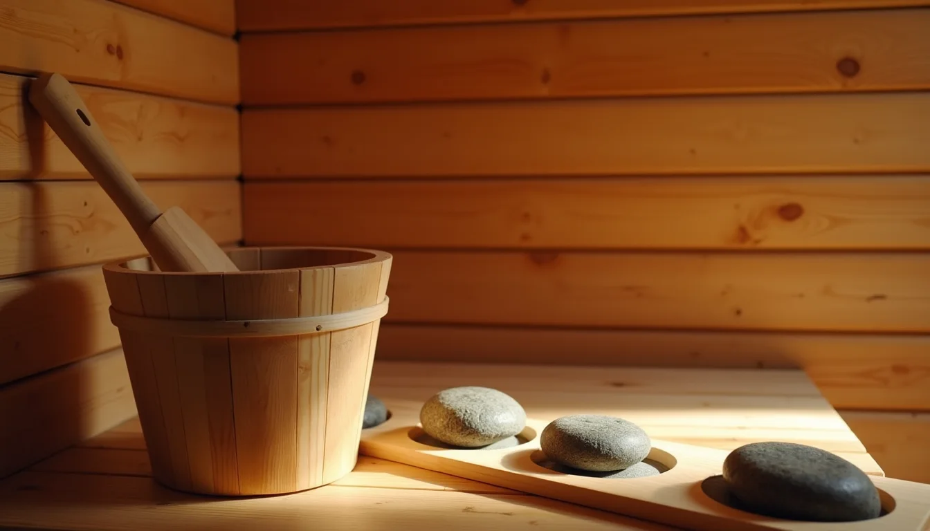 intérieur de sauna en cèdre, louche en bois posée sur un seau près des pierres a Montpellier