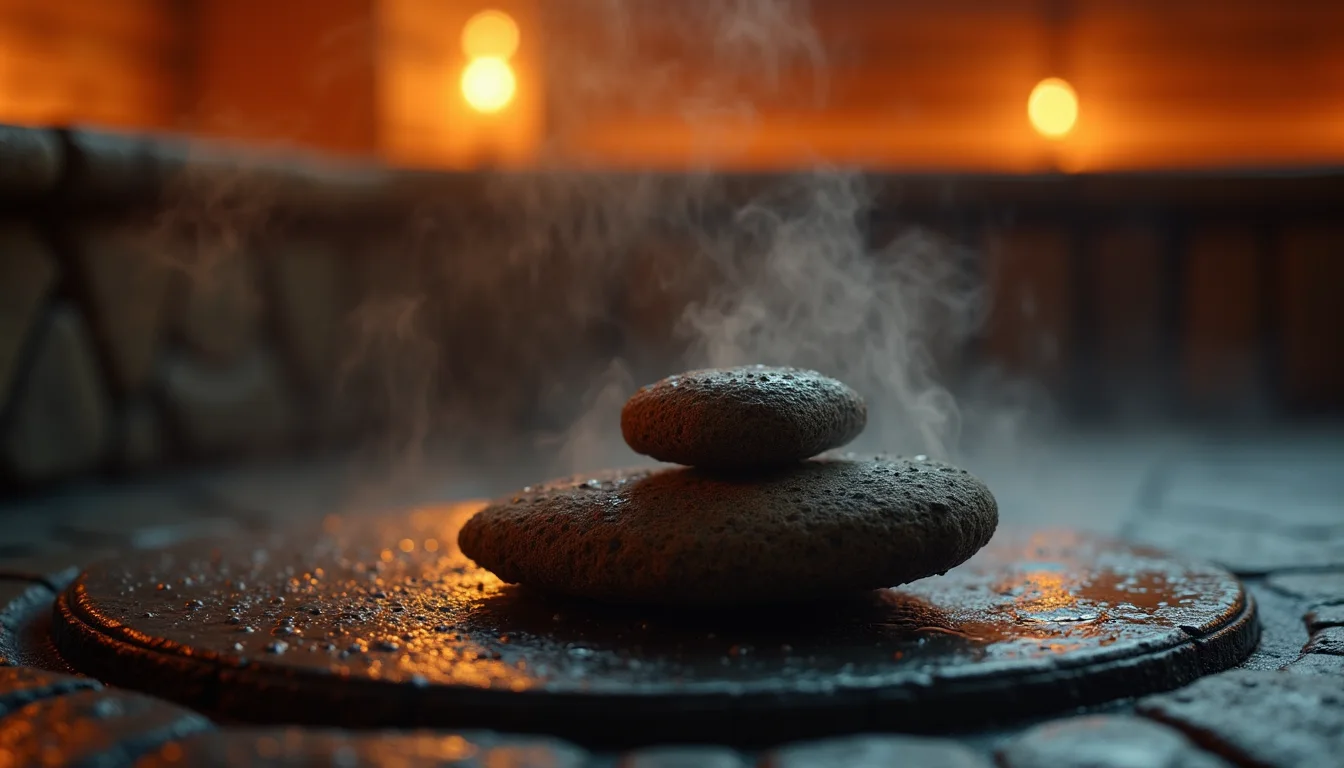 pierres de sauna sur un poele en fonte, vapeur et lueur orangee a Montpellier