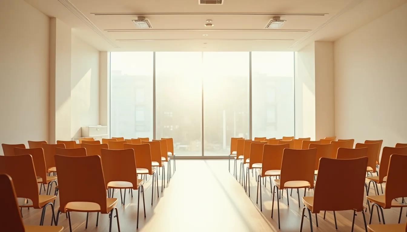 cercle de chaises pliantes vides dans une salle lumineuse au matin a Montpellier