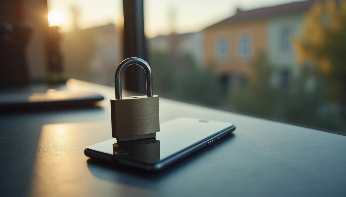 cadenas en acier brossé fermé sur un smartphone face cachée sur ardoise a Montpellier