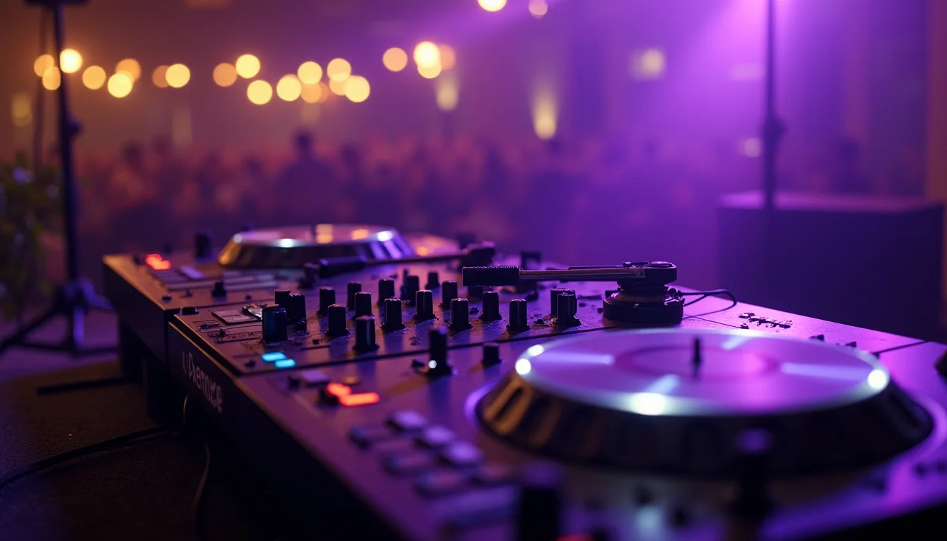 cabine DJ avec platines et faders lumineux sous lumière violette a Montpellier