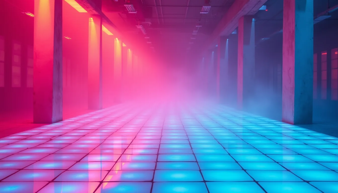 piste de danse au néon, carrés réfléchissants magenta et cyan a Montpellier