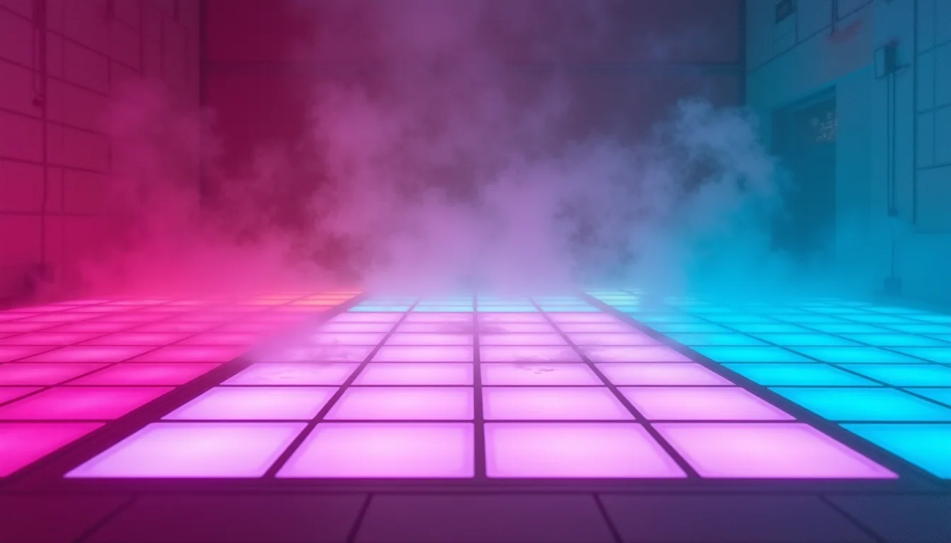 piste de danse au néon, carrés réfléchissants magenta et cyan a Montpellier