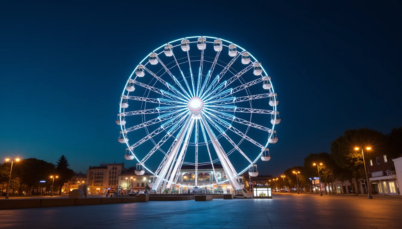 grande roue illuminée contre un ciel nocturne bleu profond a Montpellier