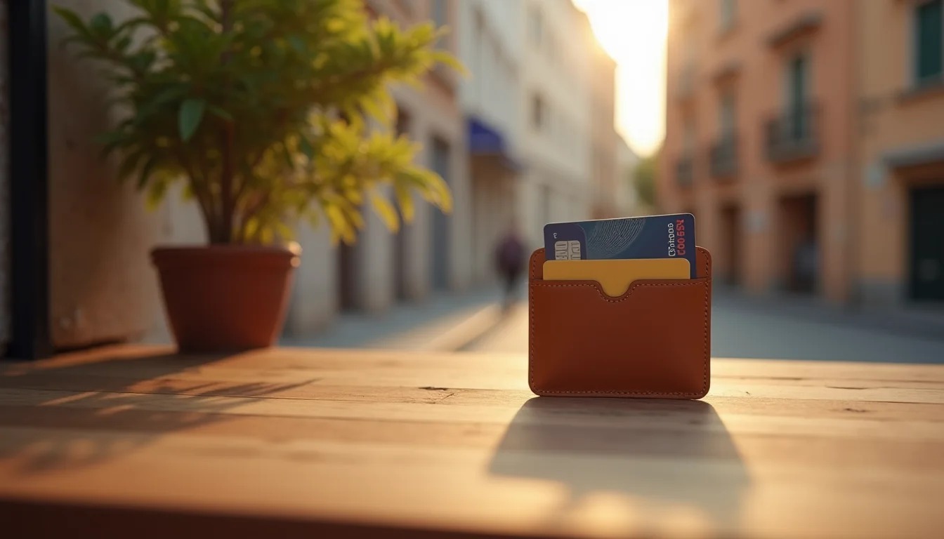 étui anti-RFID de poche et quelques cartes en éventail sur du noyer a Montpellier