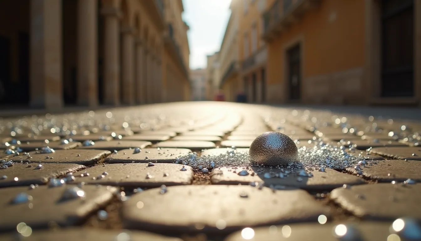 paillettes argentees eparpillees sur des paves au soleil rasant a Montpellier